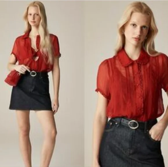 J.Crew Retail Sheer lace-trim button-up shirt And Cami red size 6 - Picture 4 of 11